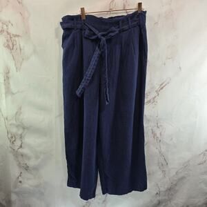 Popsugar Pants Womens Large Blue Linen Wide Leg High Rise Tie Belted Navy Blend